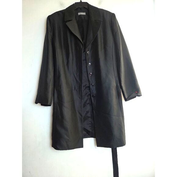 Kate Hill Women Black 100% Silk Midlength Tie Waist Satin Button Trench Coat 18W - Picture 2 of 9